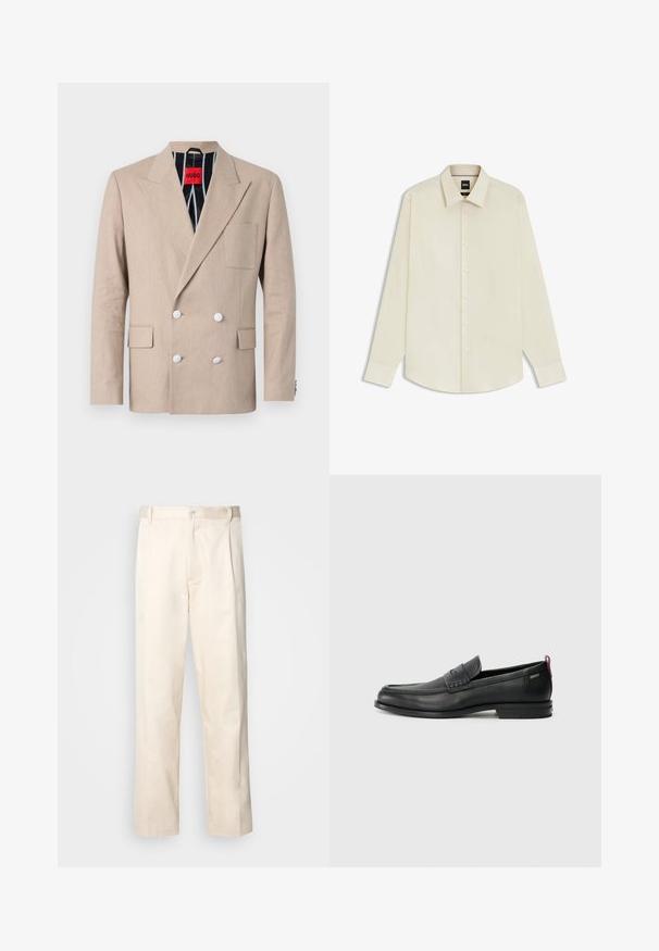 Blazer beige de doble botonadura hecho de tela texturizada, con cuatro botones blancos, solapas con muesca y un bolsillo en el pecho. Forrado con tela a rayas.; BOSS JOE KENT - Camisa elegante - open white eleven; Pantalones de algodón beige con corte recto, que cuentan con un cierre de botón y pliegues en la parte frontal para un detalle adicional.; Mocasines de cuero negro con un panel frontal texturizado y laterales lisos. Presenta un tacón delgado y un lazo trasero para facilitar su uso. Diseño clásico.