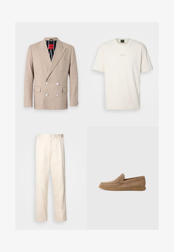 Bézs, dupla gombos zakó, textúrált anyagból készült, négy fehér gombbal, hajtókás gallérral és egyetlen mellzsebbel rendelkezik. Csíkos anyaggal bélelt.; BOSS TEE - Basic póló - open white; Beige pamut nadrág egyenes szárú kivágással, gombos záródással és elülső redőkkel a részletek fokozása érdekében.; Barna velúr slip-on loaferek sima felülettel és varrott részletezéssel; gumitalppal a tapadás érdekében.