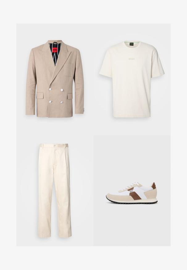 Bežs divrindu žakets, kas izgatavots no teksturēta auduma, ar četriem baltiem pogām, iegrieztām lakotām un vienu krūšu kabatu. Odere ar svītrotu audumu.; BOSS TEE - Pamata T-krekls - open white; Bežā krāsā auduma bikses ar taisnu kāju griezumu, pievienotām pogu aizdares un priekšējiem krokām papildu detaļām.; Sneakeri, kas izgatavoti no balta sieta un beigu zamšas ar brūnu ādas akcentu. Apaļa purngala forma, plakana gumijas zole un auklu dizains.