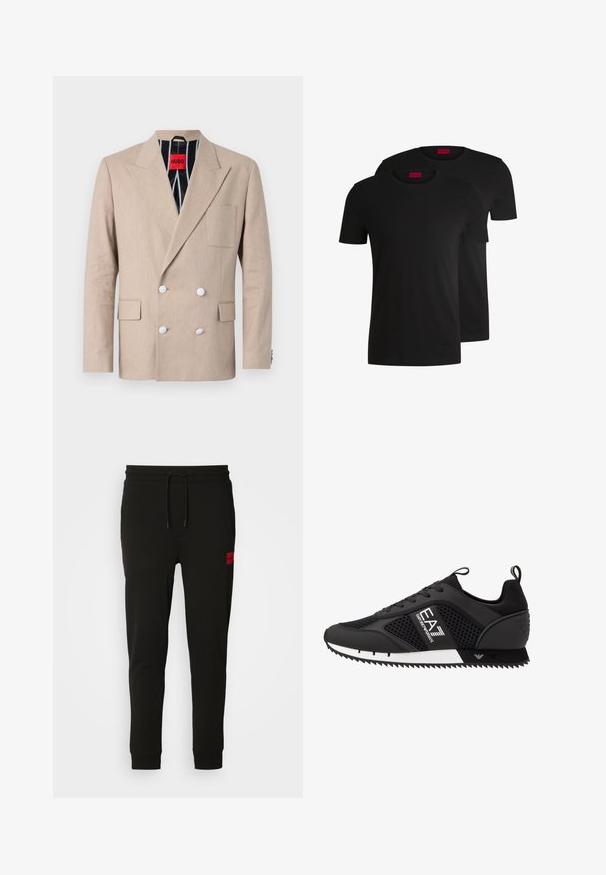 Sacou bej cu două rânduri de nasturi, dintr-o țesătură texturată, având patru nasturi albi, rever cu tăietură, și un singur buzunar pe piept. Căptușit cu o țesătură cu dungi.; Două tricouri negre din bumbac, cu mâneci scurte și guler rotund. Ambele au o etichetă de marcă roșie la guler. Design simplu, clasic.; Pantaloni de trening negri, confecționați dintr-un material moale, cu talie ajustabilă prin șnur, croi slim și un logo roșu pe coapsa stângă.; EA7 Emporio Armani Sneakers low - black/white