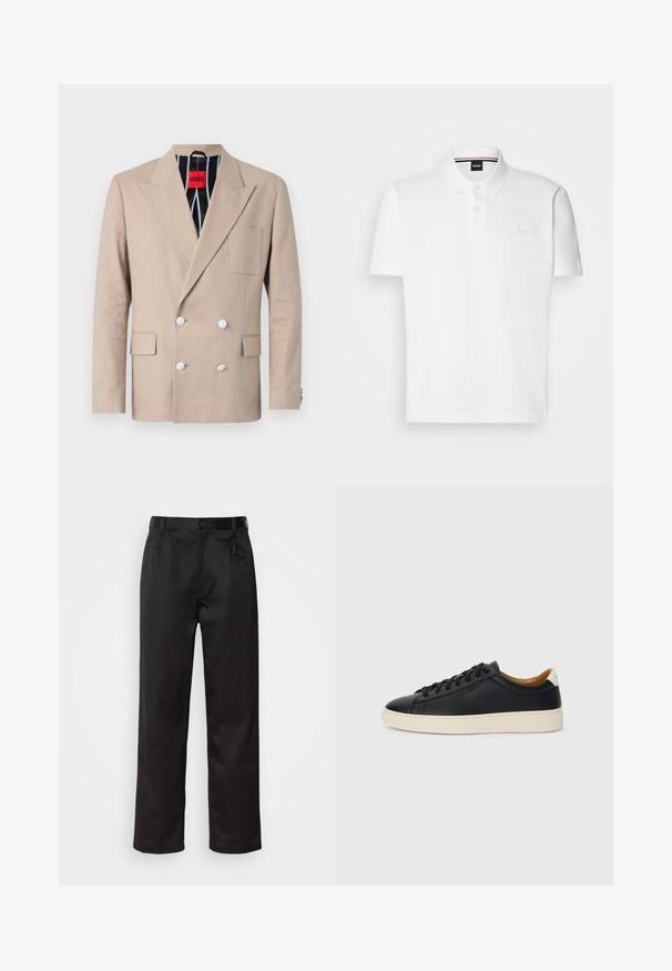Bežový dvojradový blejzer vyrobený z textúrovanej tkaniny, zdobený štyrmi bielymi gombíkmi, s klopovými goliermi a jedinou náprsní kapsou. Podšitý prúžkovanou látkou.; Biela polo tričko vyrobené z bavlneno-polyesterovej zmesi, s golierom, dvoma gombíkmi na prednej strane a jemne vyšitým logom na hrudi.; Čierne nohavice vyrobené z hladkej látky, s predným zapínaním na gombík, s plisovaním a rovnými nohavicami. Žiadne viditeľné vzory ani akcenty.; Čierne kožené tenisky s hladkou textúrou, béžová gumová podrážka, viazanie a kontrastný akcent na päte.