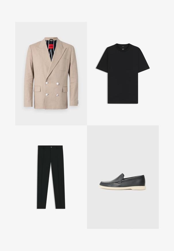 Beige dubbelgeknoopte blazer van geweven stof, met vier witte knopen, kleplapels en een enkele borstzak. Gefladderd met gestreepte stof.; Zwarte korte mouwen T-shirt van een gladde katoenmix, met een ronde halslijn en een minimalistisch ontwerp zonder patronen of accenten.; Zwarte dresspants met een recht pasvorm, gemaakt van een gladde stof. Heeft een sluiting met een knoop aan de voorkant en ceintuurlussen. Effen zonder patronen.; Zwarte leren instappers met een gestructureerde afwerking en een contrasterende beige rubberen zool. Beschikt over een subtiele accent langs de voorkant.