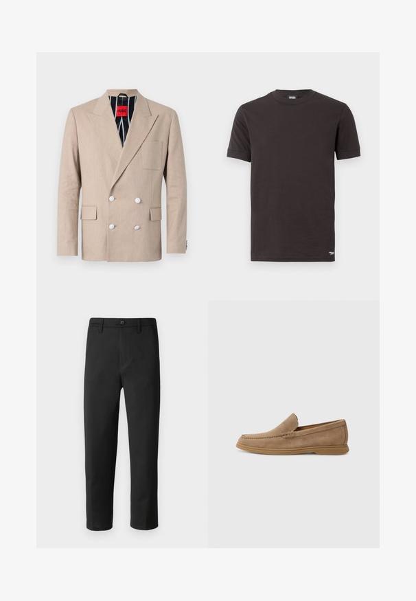 Bežs divrindu žakets, kas izgatavots no teksturēta auduma, ar četriem baltiem pogām, iegrieztām lakotām un vienu krūšu kabatu. Odere ar svītrotu audumu.; Melna īsām piedurknēm T-krekls ar apļveida kakla izgriezumu, ribotā apkakle un piedurkņu gali, neliels balts logs tuvu apakšējai mala uz vienkārša fona.; Melnie bikses ar taisnu griezumu, izgatavotas no gludas auduma. Tajās ir pogu aizdare un jostas cilpas. Nav redzamu rakstu vai akcentu.; Brūni zamšaini slīdneši ar gludu tekstūru un stitched detaļām; aprīkoti ar gumijas zoli, lai nodrošinātu saķeri.