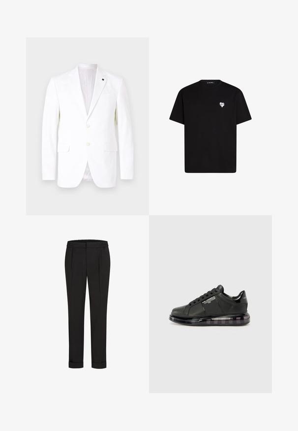 KARL LAGERFELD JACKET CLEVER - Bleiserjakk - white; Mustvalg mustast puuvillast t-särk lühikeste varrukatega, ümar kaelus ja väike valge südame graafika vasakul rinnal.; Mustad püksid elastse vöökohtaga, sirge jala kujundusega ja üles keeratud äärtega. Valmistatud siledast, kudumisega kangast, ilma mustriteta.; Must mustad musta nahast ülemise osaga, ümarate varvaste ja paeltega disainiga. Omab läbipaistvat, pehmendatud tallat, millel on tume gradient.