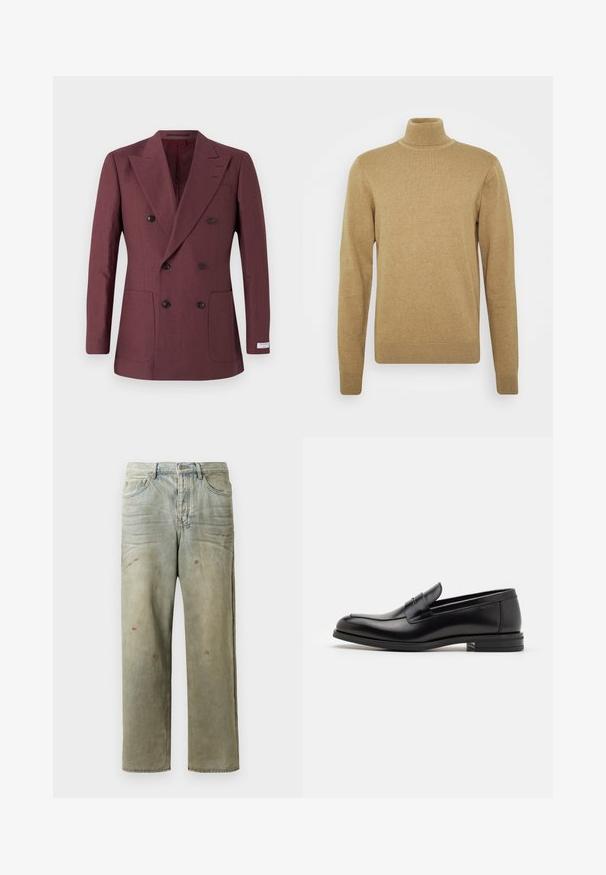 Burgundi, kétsoros zakó, amely texturált anyagból készült, két elülső zsebbel, hegyes hajtókákkal és fekete gombokkal.; Barna alapon készült, puha kötöttanyagú garbó pulóver. Hosszú ujjakkal és testhezálló fazonnal rendelkezik. Szegett szegély és gallér díszítéssel.; Fakó zöld, kopott farmerszadrág, egyenes lábbal, ötk zsebes kialakítással, egyenetlen kopással és festékcseppekkel.; Fekete bőr loaferek sima textúrával, kerek orral és dekoratív pánttal a vampnál. Alacsony, rétegelt sarkú, minimalista dizájn.