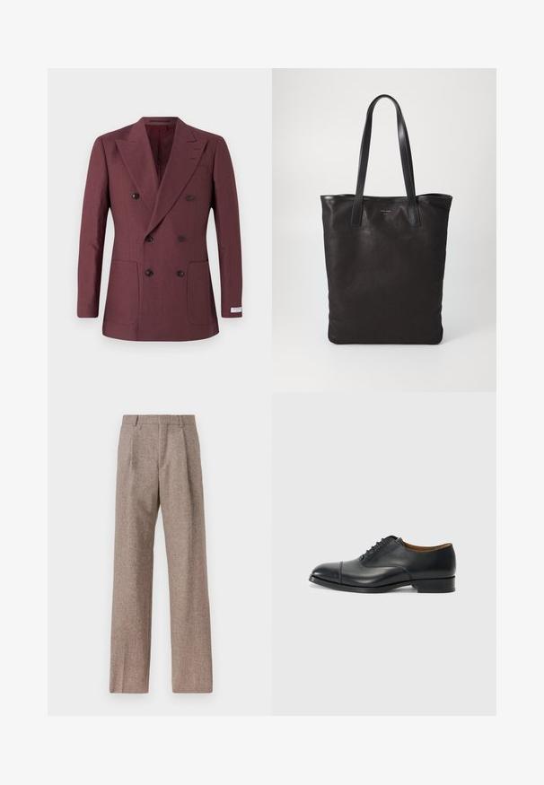 Burgundi, kétsoros zakó, amely texturált anyagból készült, két elülső zsebbel, hegyes hajtókákkal és fekete gombokkal.; Fehér, hosszú ujjú, gombos ing, sima anyagból készült, klasszikus gallérral és gyöngyszerű gombokkal az elején.; Barna, magas derekú nadrág texturált anyagból. Széles szárai és két elülső redője biztosítja a struktúrát. Ízléses kivitel, látható fémszerelés nélkül.; Fekete bőr dress cipő sima felülettel, lekerekített orral, öt fűzőlyukkal és alacsony blokksarkal. Minimalista dizájn, finom varrásokkal.; Fekete vászontáska fekete bőr füllel. Egyszerű dizájn, tágas test és sima textúra. Nincsenek látható logók vagy minták.