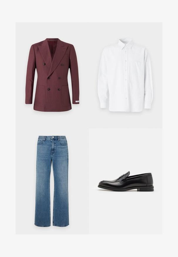 Burgundy double-breasted blazer made of textured fabric, featuring two front pockets, peak lapels, and black buttons.; White button-up shirt with a collar, featuring subtle vertical stripes, long sleeves, a chest pocket, and classic rounded hem.; Wide-leg blue jeans made of denim with a faded finish. Features five pockets, a front button closure, and a straight cut.; Black leather loafers with a smooth texture, rounded toe, and a decorative strap across the vamp. Low stacked heel, minimalist design.