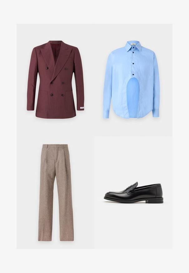 Sacou bleumarin cu două rânduri de nasturi, dintr-un material texturat, având două buzunare în față, rever ascuțit și nasturi negri.; Cămașă albastru deschis cu mâneci lungi, guler ascuțit, nasturi negri și o decupare unică în față pentru un design distinctiv.; Pantaloni bej, cu talie înaltă, dintr-un material texturat. Prezintă picioare late și două pliseuri frontale pentru structură. Finisaj îngrijit, fără accesorii vizibile.; Mocasini din piele neagră cu o textură netedă, vârf rotund și o curea decorativă peste partea superioară. Toc mic, design minimalist.
