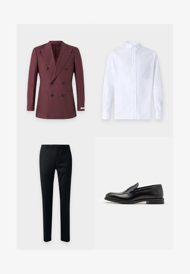 Burgunderfarbener doppelt geknöpfter Blazer aus strukturiertem Stoff, mit zwei vorderen Taschen, spitzen Revers und schwarzen Knöpfen.; Weißes Langarm-Hemd mit Knöpfen aus Baumwolle, ausgestattet mit einer Brusttasche mit tonalem Stickerei, einem Kragen und Knopfmanschetten.; Schwarze Anzughose aus glattem Stoff mit schmal zulaufendem Bein, Ein-Knopf-Verschluss und Seitentaschen für mehr Komfort.; Schwarze Lederloafers mit glatter Textur, rundem Zehenbereich und einem dekorativen Riemen über dem Vorderfuß. Niedriger, gestapelter Absatz, minimalistisches Design.