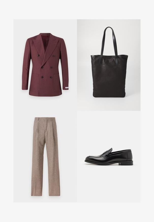 Burgundský dvojradový blazer vyrobený z textúrovanej látky, sohybmi s dvoma prednými vreckami, špicatými klopami a čiernymi gombíkmi.; Biely dlhý rukáv košeľa s gombíkmi vyrobená z bavlny, s náprsného vrecka s tonálnou výšivkou, golierom a gombíkovými manžetami.; Hnedé, vysoké nohavice vyrobené z texturovanej látky. Majú široké nohavice a dva predné záhyby pre štruktúru. Úhľadné spracovanie bez viditeľného kovania.; Čierne kožené mokasíny s hladkou textúrou, zaoblenou špičkou a dekoračným pásikom cez priehlavok. Nízky vrstvený opätok, minimalistický dizajn.; Čierna plátená taška s čiernymi koženými ušami. Jednoduchý dizajn, priestranné telo a hladká textúra. Žiadne viditeľné logo ani vzory.