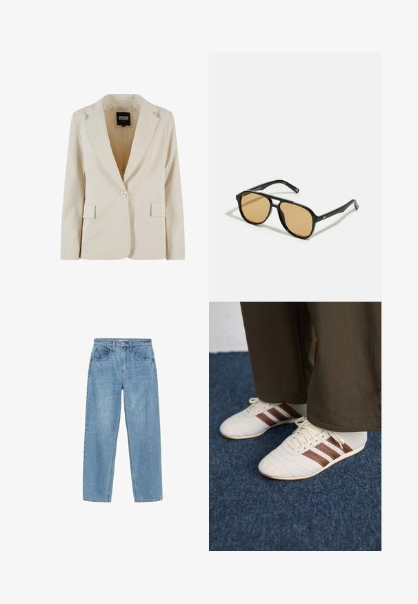 Blazer tailored de culoare bej deschis, cu rever în formă de U, închidere cu un singur buton, două buzunare frontale și textură netedă. Interiorul include eticheta brandului.; Pulover negru oversized cu guler înalt, realizat dintr-un material tricotat moale, având un guler și manșete cu dantelă, cu un croi lejer și fără ornamente.; Jeans din denim de un albastru deschis, cu croi drept, talie înaltă, două buzunare frontale și închidere clasică cu nasture. Ușoară decolorare și fără embelișări.; Adidași albi cu dungi maro purtați cu pantaloni maro pe un covor albastru.; Ochelari de soare negri cu lentile de culoare maro; formă rectangulară cu un cadru gros, inclusiv accente hardware subtile pe mânere.; Geantă din piele ecologică neagră, cu o formă unică de semilună, mânere late și căptușite, și închidere cu fermoar. Textură netedă, lucioasă, design minimalistic.