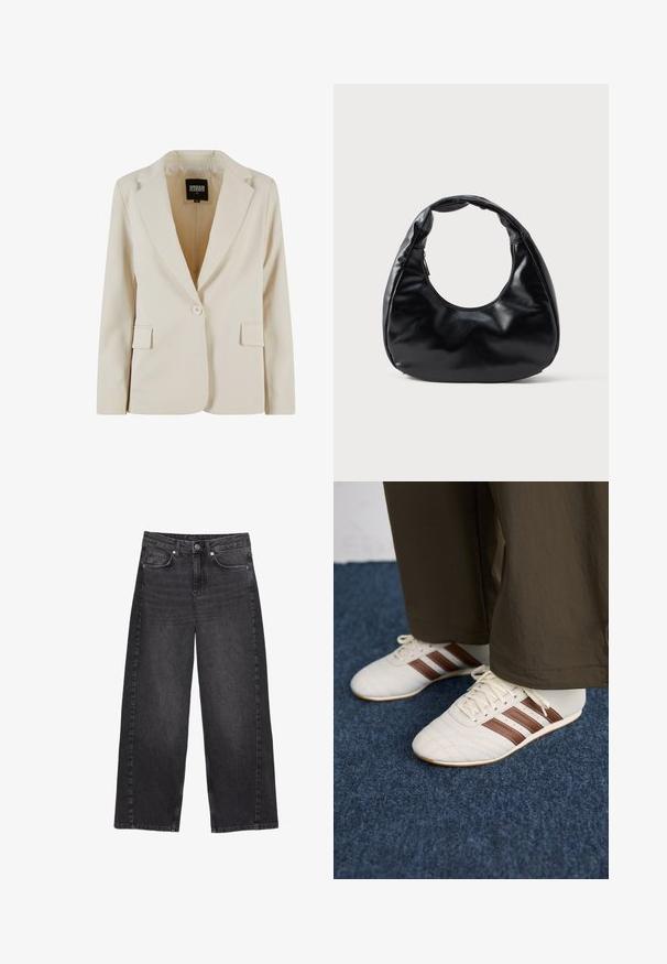 Világos bézs szabott blézer, uzsonnás hajtókával, egygombos zárással, két elülső zsebbel és sima textúrával. A belső részén márkás címke található.; Fekete kötött pulóver magas, bordás garbónyakkal és leejtett vállakkal. Laza, dobozos szabással, bordás mandzsettával és szegéllyel rendelkezik.; Magas derekú, bő szárú fekete farmernadrág, elhalványult festéssel. Elöl gombos záródás és öt zseb található, látható varrási részletekkel.; Fehér tornacipők barna csíkokkal, barna nadrággal viselve, kék szőnyegpadlón.; Fekete műbőr kézitáska egyedi félhold alakban, széles, párnázott fogantyúval és cipzáras zárással. Sima, fényes felület, minimalista dizájn.