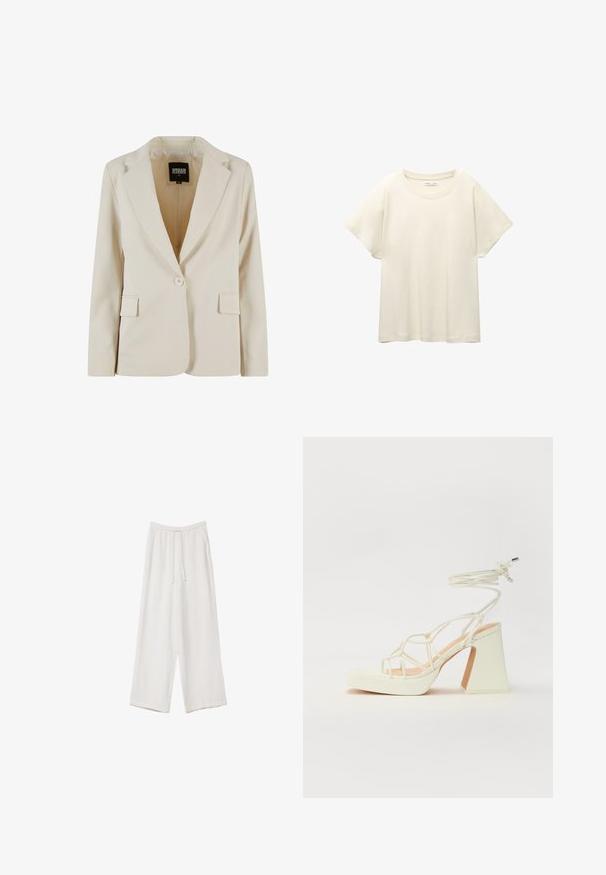 Blazer sartorial beige chiaro con rever a punta, chiusura a un bottone, due tasche frontali e superficie liscia. L'interno presenta l'etichetta del marchio.; Maglietta a maniche corte beige chiaro con scollatura rotonda, realizzata in un tessuto morbido e liscio. Presenta una vestibilità comoda e un orlo dritto.; Pantaloni a gamba larga bianchi realizzati in un tessuto leggero. Presentano una vita elastica con cordoncino e tasche laterali. Texture liscia.; Sandalo bianco con tacco alto, caratterizzato da un design a cinturini e un legaccio alla caviglia. Texture liscia con una piattaforma frontale per un'altezza aggiuntiva.
