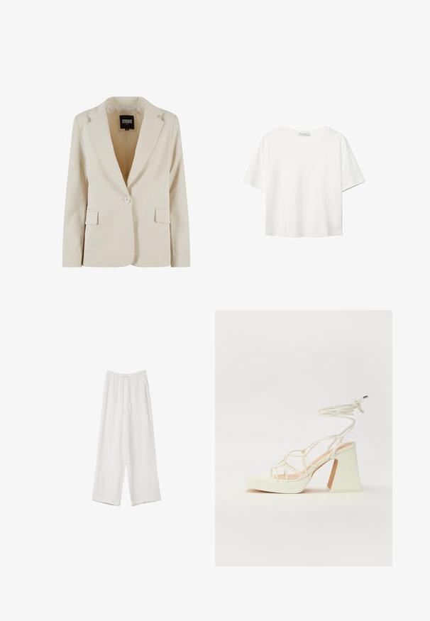 Blazer sartorial beige chiaro con rever a punta, chiusura a un bottone, due tasche frontali e superficie liscia. L'interno presenta l'etichetta del marchio.; T-shirt bianco a maniche corte realizzato in cotone. Presenta un collo tondo e una vestibilità rilassata. Texture liscia senza motivi o dettagli visibili.; Pantaloni a gamba larga bianchi realizzati in un tessuto leggero. Presentano una vita elastica con cordoncino e tasche laterali. Texture liscia.; Sandalo bianco con tacco alto, caratterizzato da un design a cinturini e un legaccio alla caviglia. Texture liscia con una piattaforma frontale per un'altezza aggiuntiva.