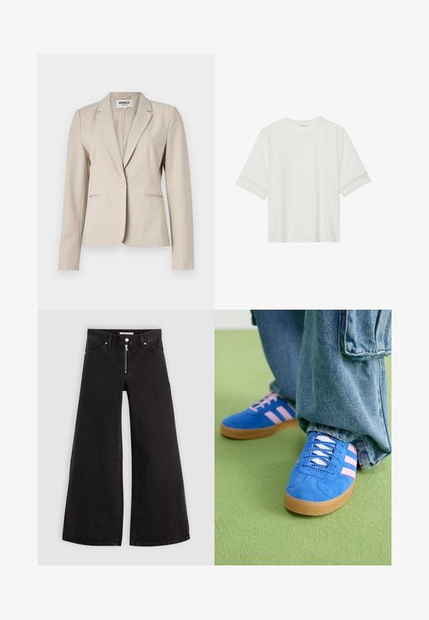 Blazer beige en tissu lisse, avec un col à revers, fermeture à un bouton, et deux poches latérales. Design minimaliste avec une coupe ajustée.; T-shirt blanc à manches courtes en coton, avec des bordures en dentelle décoratives le long des manches et un col rond.; Jean large en denim noir avec une fermeture éclair à l'avant, un design à cinq poches et des détails de couture subtils. Texture lisse et style décontracté.; Des chaussures en daim bleu avec des rayures roses et des lacets blancs, dotées d'une semelle en caoutchouc gomme, assorties à un pantalon en denim ample sur une surface verte.