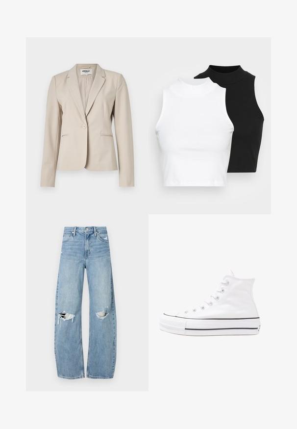 Sacou bej dintr-un material neted, cu rever cu colțuri, închidere cu un singur nasture și două buzunare laterale. Design minimalist, cu o croială ajustată.; Două bluze fără mâneci, cu guler înalt, în culorile negru și alb, având un design ajustat și o textură netedă, cu o lungime scurtă.; Jeans de denim, de un bleu deschis, cu talie înaltă. Au picioare late, două zone rupte la genunchi și un stil clasic cu cinci buzunare.; Adidași albi tip pantofi sport cu glezna din pânză, cu talpă din cauciuc negru, capac de vârf din cauciuc frontal și șase ochiuri pentru șireturi, având un design curat și minimalist.