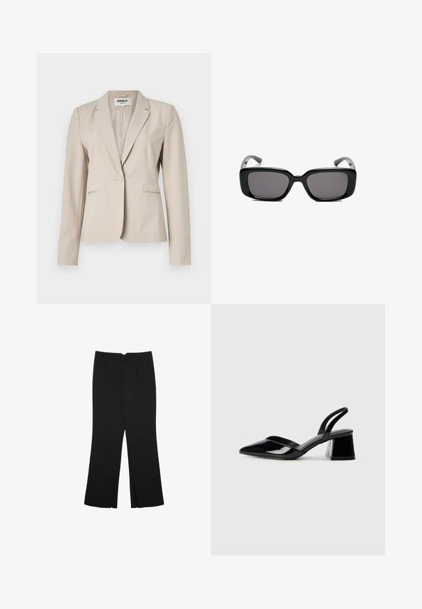 Blazer beige realizzato in tessuto liscio, con rever a punta, chiusura con un bottone e due tasche laterali. Design minimalista con vestibilità sartoriale.; Maglietta bianca realizzata in tessuto a costine, con un ampio scollo rotondo e maniche corte. Design semplice senza pattern o dettagli.; Pantaloni neri a gamba dritta, con tasche frontali e spacchi laterali all'orlo. Realizzati in tessuto morbido e liscio. Adatti a diverse occasioni.; Décolleté in vernice nera con punta affusolata e tacco in geometria cubica. Presentano un design elegante e minimalista, con una texture liscia.; Occhiali da sole neri rettangolari con lenti scure, montatura in plastica liscia e tempie curve. Il design è voluminoso con un'estetica minimalista.
