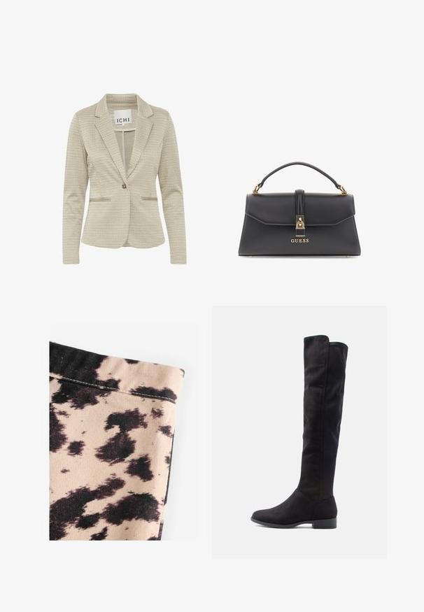 Beżowa marynarka w kratę z wykładanym kołnierzem, pojedynczym zapięciem na guzik, dwoma przednimi kieszeniami i wykończeniem z teksturowanej tkaniny.; Czarny sweter z golfem wykonany z lekkiej dzianiny. Posiada długie rękawy, dopasowany krój oraz miękką ribbowaną strukturę.; Beżowa tkanina w czarny wzór w krowie cętki, z żebrowaną teksturą i prostym przeszyciem. Brak widocznych elementów metalowych ani akcentów.; Czarne zamszowe botki sięgające do kolan o gładkiej fakturze, zaokrąglonym nosku i niskim słupku; minimalistyczny design bez widocznych elementów metalowych.; Czarna torebka z ekoskóry o strukturalnym kształcie, z złotymi elementami, górnym uchwytem oraz zapięciem z przodu z logo "GUESS".