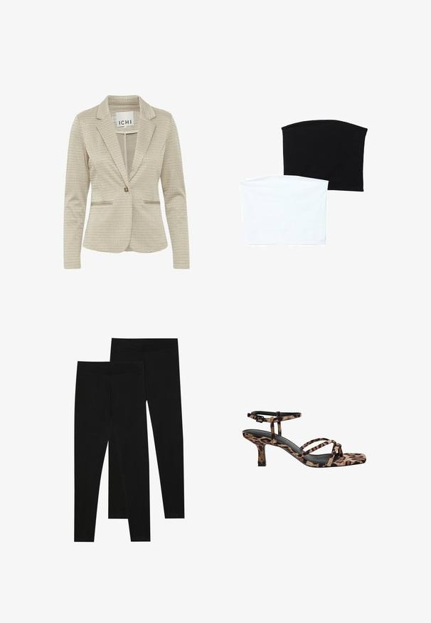 Beige kárované sako s klopovým límcem, zapínáním na jeden knoflík, dvěma předními kapsami a texturovaným povrchem.; Dvě hladké trubkové šály: jedna černá a jedna bílá. Obě jsou vyrobené z měkké, elastické látky a mají hladký povrch bez vzorů.; Černé legíny vyrobené z elastického materiálu, s bezešvým pasem a slim fit designem, vhodné pro každodenní nošení nebo cvičení.; Sandály na podpatku s leopardím vzorem, čtveratou špičkou, více popruhy a středně vysokým podpatkem. Vyrobeno z měkkého textilního materiálu.