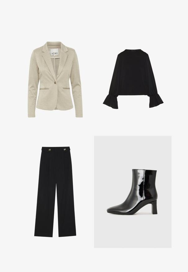 Beige karierter Blazer mit Reverskragen, einem einzigen Knopfverschluss, zwei vorderen Taschen und einer strukturierten Stoffoberfläche.; Schwarz langärmliges Oberteil mit ausgestellt geschnittenen Bündchen, weicher Textur und entspannter Passform, mit einem schlichten runden Halsausschnitt.; Schwarze weite Hosen mit hoher Taille, Knopfdetails am Bund und vorderen Falten.; Schwarzer Lackleder-Stiefelette mit spitzer Zehe und einem mittelhohen Blockabsatz. Glatte Textur und minimalistisches Design.