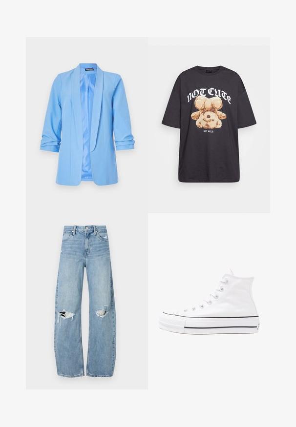 Heled sinine bleiser, millel on sile tekstuur, avatud esiosa ja kolmeveerandi pikkused varrukad. Omab sujuvat, stiliseeritud disaini ja satiinvoodrit.; Musthave musta t-särk, millel on karu graafika ja tekst "EI NII NÄDALA, KUID MÄRG" paksult valgete tähtedega. Puuvillane materjal.; Heledad hallideega sinised teksad, millel on kõrge talje. Teksade jalgadel on lai alus, kaks rebitud kohta põlvede ümber ning klassikaline viie tasku stiil.; Valge kõrgem kangast tenniseking, millel on must kummist tald, ees kummist varvasetugi ja kuus aukku paelte jaoks, pakkudes puhta ja minimalistliku disaini.