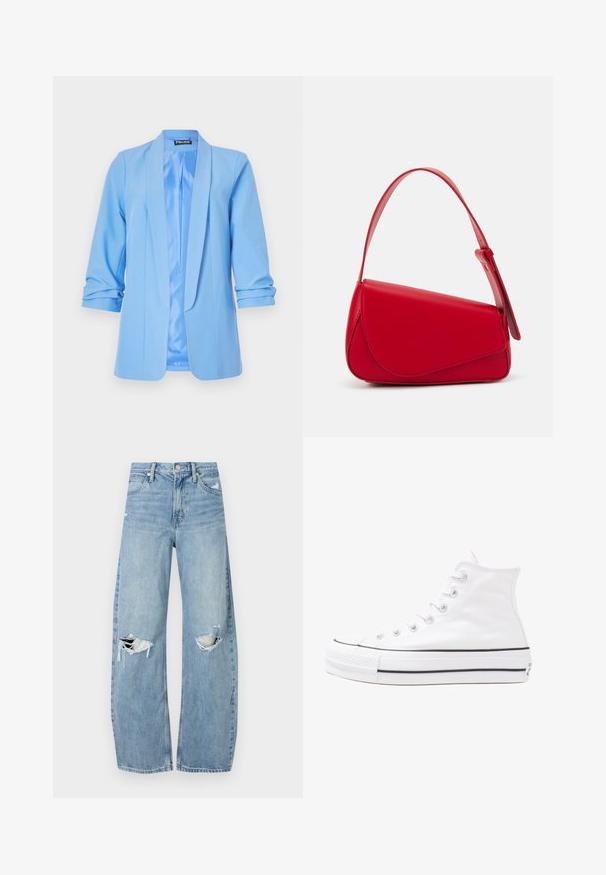 Gaiši zils žakets ar gludu tekstūru, atvērta priekšpuse un trīs ceturtdaļu piedurknēm. Iezīmējas ar elegantu, pielāgotu dizainu un satīna iekšējo oderi.; Melna, pārmērīga t-kreklu, kurā attēlots lācis ar uzrakstu "NAV MIERĪGS, BET VILKIS" treknos baltos burtiem. Izgatavots no kokvilnas materiāla.; Gaiši zili, augstās vidukļa džinsi, kas izgatavoti no denima. Iespējas plašas kājas, divas plēstas ceļa daļas un klasiskā piecu kabatu dizains.; Balti augstie kanvas sporta apavi ar melnu gumijas zoli, priekšējo gumijas purngalu un sešām acīm lencēm, kuriem ir tīrs, minimālistisks dizains.; Sarkans ādas rokassomi ar stūrainu, ģeometrisku dizainu. Iekļauj vienu regulējamu siksnu un vāku ar izšūtu detaļu.