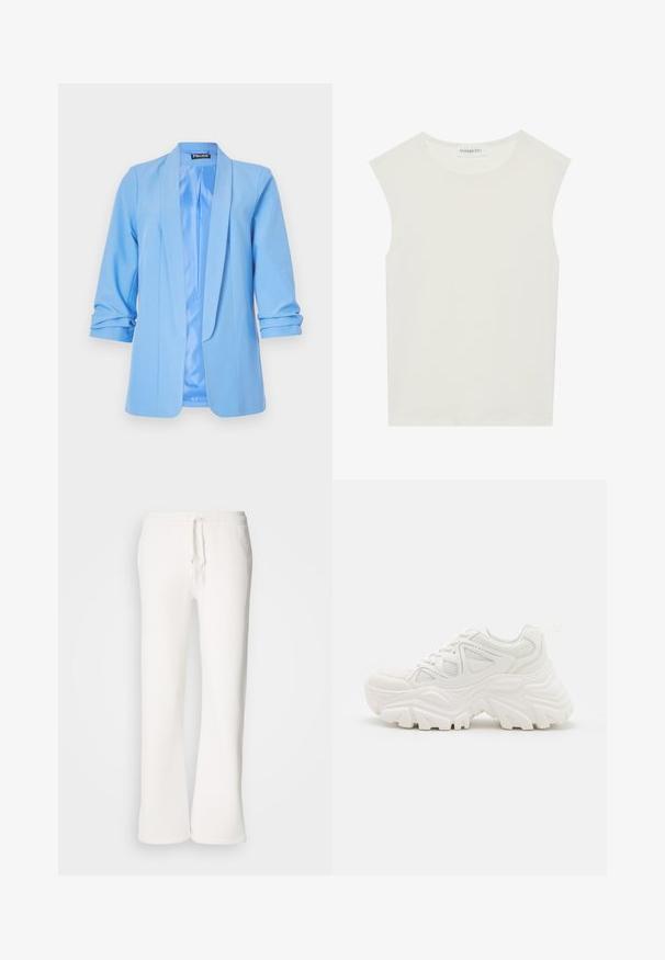 Világoskék blézer sima textúrával, nyitott elülső résszel és háromnegyedes ujjal. Elegáns, testhezálló kialakítással és selyem béléssel rendelkezik.; Fehér ujjatlan felső, kerek nyakkivágással. Simább anyagból készült, laza fazonnal és minimalista kialakítással rendelkezik. Nincsenek minták vagy díszítések.; Fehér, laza szabású melegítőnadrág, puha anyagból készült, rugalmas derékkal és zsinórral, egyenes szárú kialakítással.; Fehér, vastag talpú sportcipők, textúrált felsőrésszel, hálós panelek árnyékolásával és vastag, kiemelkedő mintázatú gumitalppal. Zsinórok és húzófül tartozik hozzá.