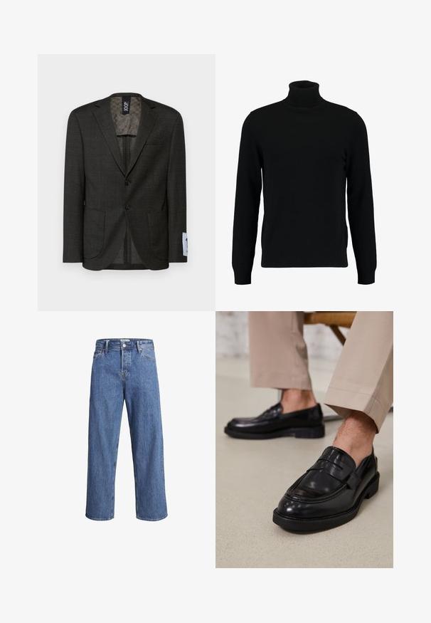 Temno sivi blazer z diskretnim karirastim vzorcem, dvema sprednjima žepoma in rjavimi gumbi. Obložena notranjost ima teksturiran dizajn.; Črn pulover s turtleneck ovratnikom, izdelan iz mehkega pletenega materiala. Ima dolge rokave, rebrast ovratnik in rob. Preprost, eleganten dizajn brez vzorcev.; Svijetloplave traperice s ravnim nogavicama, visokim strukom i minimalnim detaljima šivanja. Tkanina ima mekan, blago izblijedjeli izgled.; Črne usnjene loafer čevlje z gladko površino, ki imajo okrasno zaponko in kontrastno šivanje, v kombinaciji s bež hlačami.