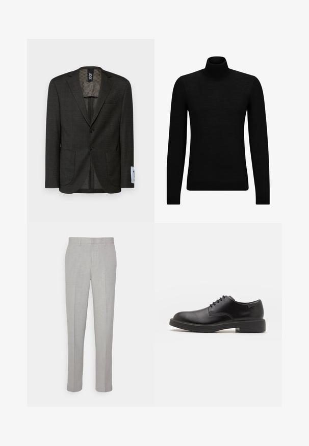 Mörkgrå blazer med ett subtilt rutmönster, två framfickor och bruna knappar. Fodret har en texturerad design.; Svart polotröja gjord av mjukt material, med långa ärmar och en åtsittande passform. Ribbat avslut vid fåll och ärmslut. Enkelt mönster.; Ljusgrå byxor med en slät yta, platt fram och raka ben. Tillverkade av ett andningsbart tyg, med interna fickor och bälteshällor.; Svart läder snörsko med rund tå, slät yta, minimal söm och låg gummihäl. Logotyp på hälen.