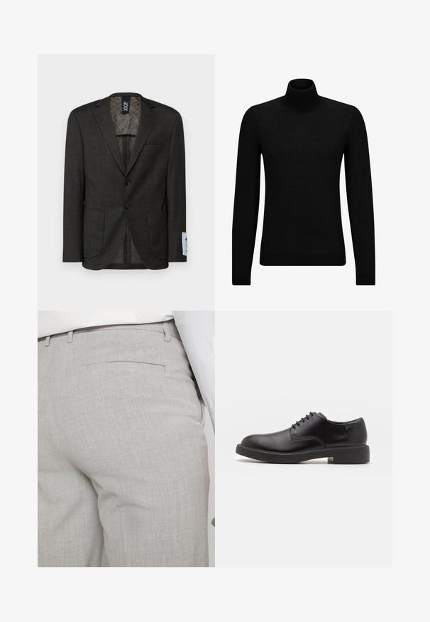 Blazer grigio scuro con un sottile motivo a quadri, due tasche frontali e bottoni marroni. L'interno foderato presenta un design testurizzato.; Maglione a collo alto nero realizzato in materiale morbido, con maniche lunghe e vestibilità aderente. Bordo a coste all'orlo e ai polsini. Design semplice.; Pantaloni su misura grigio chiaro realizzati in un tessuto testurizzato, con parte frontale piatta, tasche laterali e una tasca posteriore singola.; Scarpa nera in pelle con lacci, punta tonda, texture liscia, cuciture minime e tacco in gomma basso. Logo sul tacco.