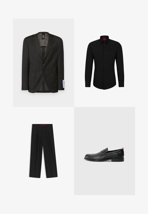 Dark gray blazer with a subtle checked pattern, two front pockets, and brown buttons. Lined interior features a textured design.; Black long-sleeve shirt with a button-up front, classic collar, and rounded hem; features black buttons and a red logo inside the collar.; Black wide-leg trousers with a flat front, two side pockets, pleated design, and a contrasting red interior waistband.; Black leather loafers with a textured front panel and smooth sides. Features a slim heel and rear loop for easy wear. Classic design.