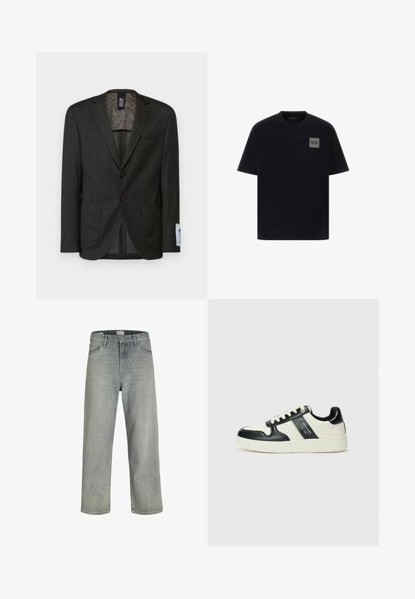 Sötétszürke blézer finom kockás mintával, két elülső zsebbel és barna gombokkal. Béléses belső része texturált mintájú.; Fekete pamut póló rövid ujjakkal, bal mellrészén négyzet alakú szürke logóval. Kerek nyakú dizájn, sima tapintású.; Világosszürke, laza szabású farmernadrág. Klasszikus öt zsebes dizájn, övhurkok és egyenes szárú fazon jellemzi.; Fekete és krém színű bőrsneaker, perforált díszítésekkel, párnázott bokapánttal és texturált talppal.