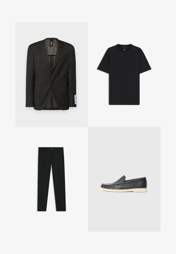 Blazer gris oscuro con un sutil patrón de cuadros, dos bolsillos frontales y botones marrones. El interior forrado presenta un diseño texturizado.; Camiseta negra de manga corta fabricada con una suave mezcla de algodón, que presenta un cuello redondo y un diseño minimalista sin patrones ni acentos.; Pantalones de vestir negros con un diseño de pierna recta, hechos de una tela suave. Cuentan con un cierre frontal de botón y lazos para cinturón. Liso, sin patrones.; Mocasines de piel negra sin cordones con un acabado texturizado y una suela de goma beige en contraste. Presentan un sutil acento en la parte frontal.