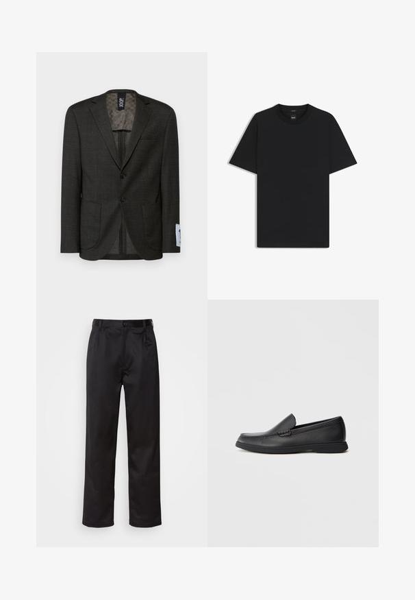 Mørkegrå blazer med et subtilt ternet mønster, to frontlommer og brune knapper. Det foret indre har et struktureret design.; Sort kortærmet T-shirt lavet af en glat bomuldsblanding, med en rund halsudskæring og et minimalistisk design uden mønstre eller accenter.; Sorte bukser lavet af glat stof, med frontknaplukning, pressefolder og lige ben. Ingen synlige mønstre eller accenter.; Sort læder slip-on loafers med tekstureret overdel, rund tå, lav hæl og gummisål, vist i sideprofil på hvid baggrund.