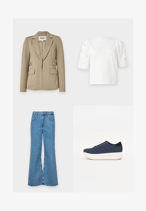Blazer bej, croit din materiale neted, cu închidere cu un singur nasture, două buzunare frontale și accente din nasturi aurii.; Tricou alb din bumbac cu mâneci scurte tip bufantă, având mici embellisheuri argintii pe mâneci. Decolteu clasic rotund, croială lejeră.; Jeanși evazați de culoare albastru deschis, din denim, cu talie înaltă, cinci buzunare și închidere cu un singur buton. Textură moale cu un finisaj decolorat.; Sneaker albastru închis, cu un material texturat pe partea superioară, talpă platformă albă, vârf rotunjit și accent de călcâi negru. Dispune de șase găuri pentru șireturi.