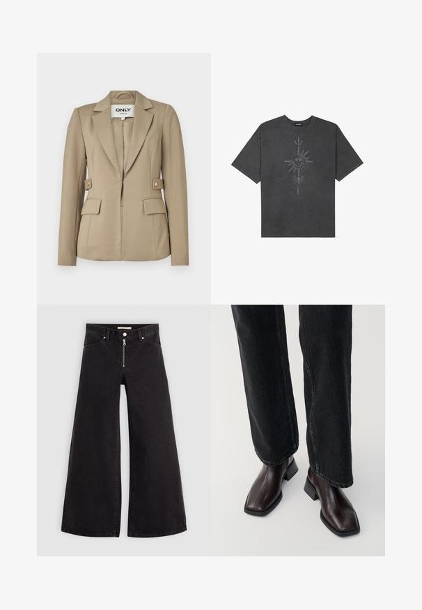 Blazer bege ajustado feito de tecido suave com fecho de botão único, dois bolsos frontais e detalhes em botão dourado.; T-shirt oversized cinza escuro feito de algodão, apresentando um gráfico central do sol com detalhes de linhas intrincadas impressos na frente.; Calças de ganga de perna larga em denim preto com fecho éclair à frente, design de cinco bolsos e detalhes de costura subtil. Textura suave e estilo casual.; Botas de tornozelo em pele castanha com biqueira quadrada e salto bloco, combinadas com jeans pretos de perna larga. Textura suave e design minimalista.
