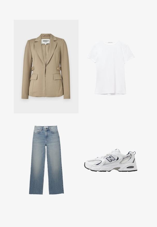 Bež sakoi izrađen od glatkog materijala s jednim dugmetom, dva prednja džepa i zlatnim dugmadima kao akcentima.; Bijela majica kratkih rukava izrađena od glatkog materijala, s okruglim izrezom i suptilnim detaljima šivanja na rubu.; Svijetloplave široke traperice s visokim strukom, imaju prednje džepove i kopčanje na gumb. Glatka tekstura s izblijedjelim dijelovima.; Bijela atletska cipela s mrežastim gornjim dijelom, mornarskim akcentima i podstavljenim potplatom. Sadrži "N" logo, vezice i teksturirani detalj sa strane.