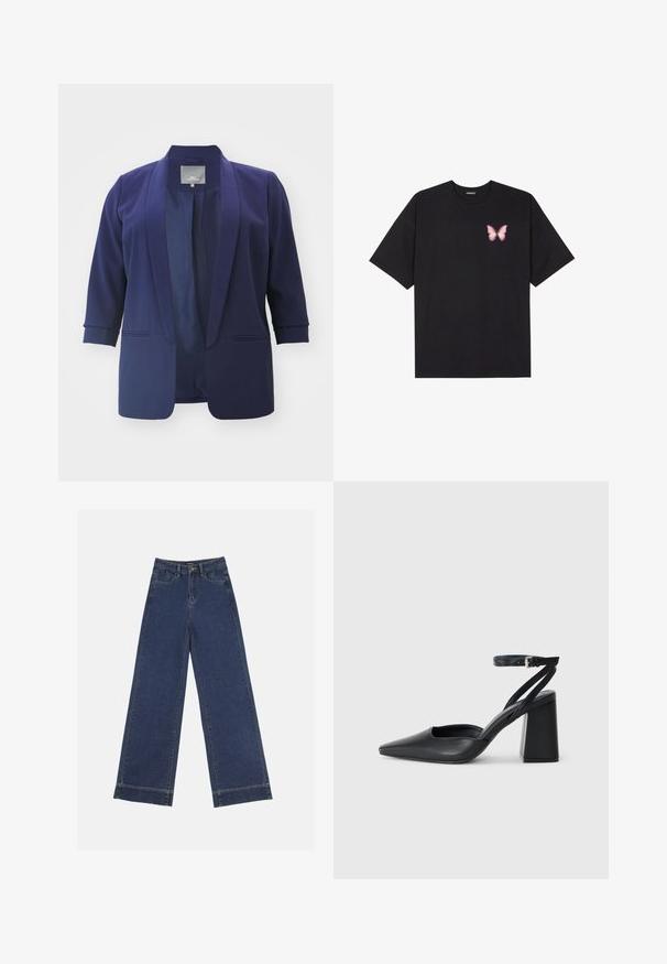 ONLY Carmakoma CARELLY 3/4 LIFE - Žakete - evening blue; Melna kokvilnas T-krekls ar īsām piedurknēm, kuram priekšā kreisajā pusē ir neliels rozā tauriņa grafiskais attēls. Ar apaļu kaklu un brīvā stila piegriezumu.; Platās kājas džinsi tumši zilā denima krāsā. Iespējas: piecas kabatas, siksnu cilpas un neapstrādāta apakša ar redzamām šuvju detaļām.; Melna ādas augstpapēžu kurpe ar norakstīto purngala formu, potītes siksniņu un masīlu papēdi. Gluda tekstūra, elegants dizains un minimālisma estētika.