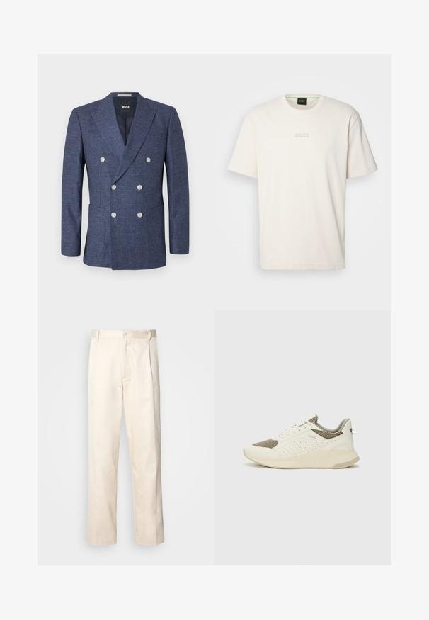 Dubbelknäppt marinblå kavaj gjort av texturerat material med silverknappar, flikiga slag och två framfickor.; BOSS TEE - T-shirt - bas - open white; Beiga bomullbyxor med rak benform, utrustade med knappstängning och veck framtill för extra detalj.; Vit och ljusbeige atletisk sneaker med ett meshöverdrag, perforerade detaljer och en texturerad mellansula med varumärke på hälen.