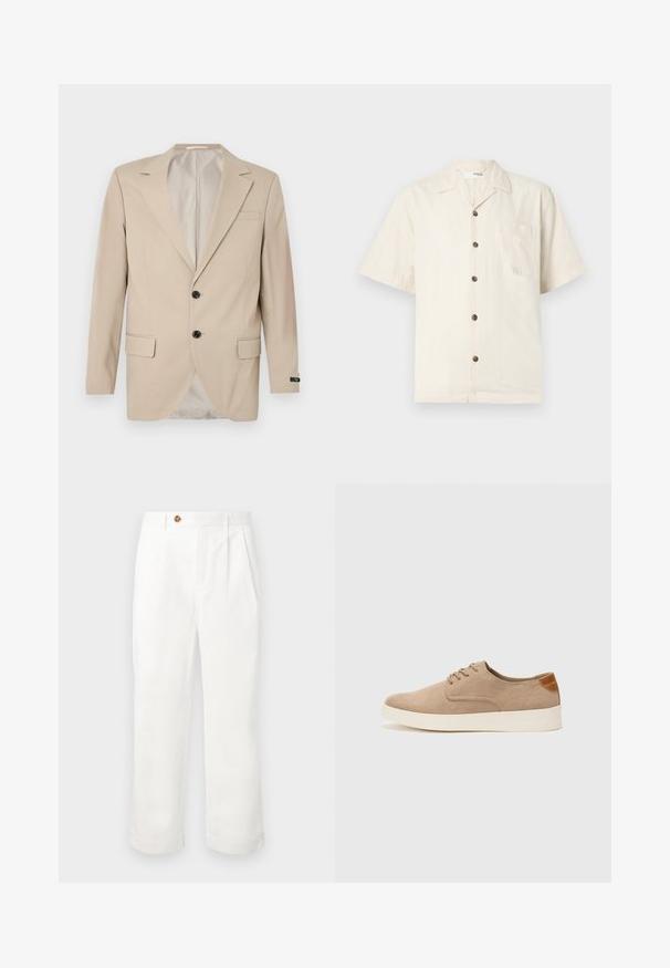 Beige blézer két gombos záródással, hajtott gallérral, elülső zsebekkel és egyetlen mellzsebbel. Simító anyag, testhez álló szabással.; Rövid ujjú ing krém színben, könnyű anyagból készült, nyakkivágással, elülső zsebbel és sötétbarna gombokkal.; Fehér pamut nadrág, egyenes szabással, két elülső plissével, egy gombos záródással és oldalsó zsebekkel. Sima textúra.; Beige velúr sportcipő, kerek orral, fűzős elülső résszel és textúrált hátsó részlettel. Fehér gumitalp kontrasztot ad. Egyszerű és modern design.