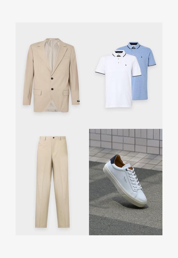 Blazer beige con chiusura a due bottoni, rever a notched, tasche frontali e taschino sul petto. Tessuto liscio con vestibilità sartoriale.; Due polo shirt: uno bianco con dettagli neri, l'altro in blu chiaro melange. Ognuno presenta un colletto e una chiusura a due bottoni con logo.; Pantaloni beige realizzati in tessuto leggero, con un design a gamba dritta, una piega frontale singola e una chiusura a bottone in vita.; Sneaker bianca in pelle con tallone blu, punta rotonda e accenti marroni a contrasto. Presenta lacci piatti e suola in gomma testurizzata.