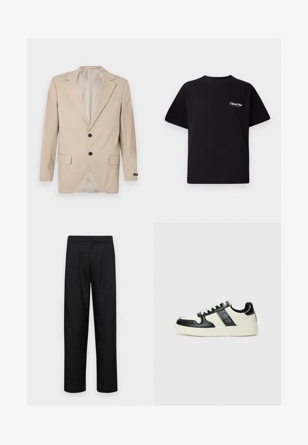 Beige blazer with a two-button closure, notched lapels, front pockets, and single chest pocket. Smooth fabric with a tailored fit.; Black cotton t-shirt featuring a crew neckline, short sleeves, and small white logo text on the left chest. Simple design, classic fit.; Black trousers made of smooth fabric, featuring a straight-leg design, two front pleats, and standard waistband with belt loops.; Leather sneakers with a black and cream color scheme, featuring perforated accents, a padded collar, and a textured outsole.