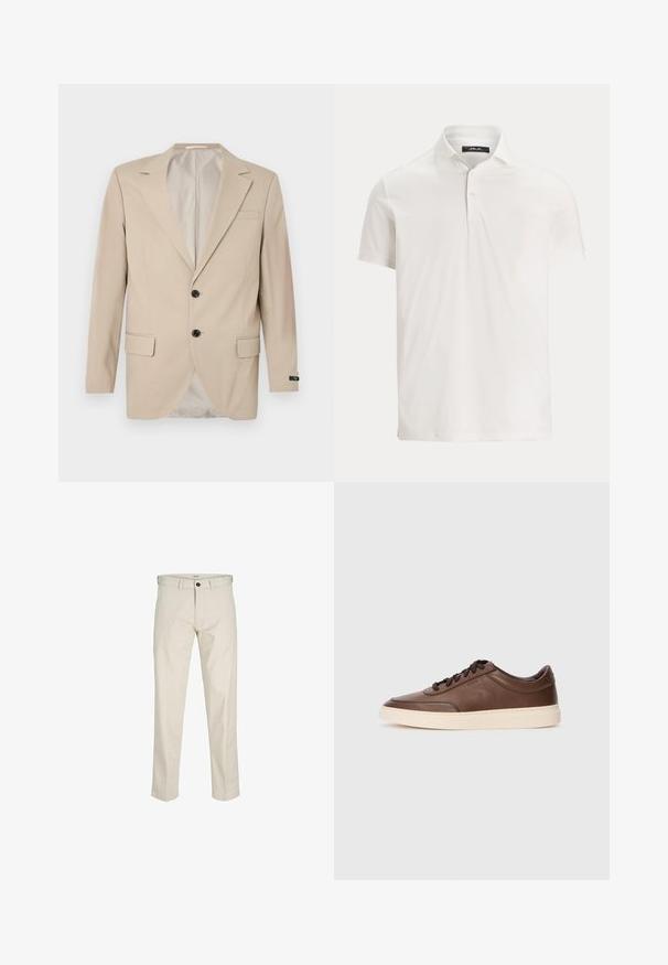Bež blazer s dvonamenskim zapiranjem, s položenimi klapnicami, sprednjimi žepi in enim žepom na prsih. Gladka tkanina z oblikovanim krojem.; Moška bela polo majica s kratkimi rokavi, ovratnik, dva gumba in diskretna etiketa z logotipom na notranji strani ovratnika.; Bež bombažne hlače s ravnim krojem, gumbom za zaponko, sprednjimi žepi in šivanimi šivi. Gladka tekstura, minimalno pozornost na podrobnosti in brez vzorcev.; Rjave usnjene superge z gladkim zaključkom, okroglo konico in kremasto gumijasto podplatom. Imajo črne vezalke in subtilno blagovno znamko na strani.