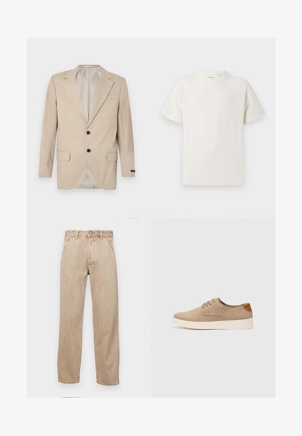 Beige blazer met een sluiting met twee knopen, notch-lapels, zijzakken en een enkele borstzak. Gladde stof met een getailleerde pasvorm.; Witte korte mouwen T-shirt met ribbelstructuur. Ronde hals, ontspannen pasvorm, geen zichtbare patronen of accenten. Eenvoudig en veelzijdig ontwerp.; Beige denim jeans met een recht gesneden ontwerp, voorzien van voorzakken, een metalen knoopsluiting en een subtiele textuur.; Beige suède sneakers met een ronde neus, vetersluiting aan de voorkant en een getextureerde achteraccent. De witte rubberen zool zorgt voor contrast. Eenvoudig en modern ontwerp.