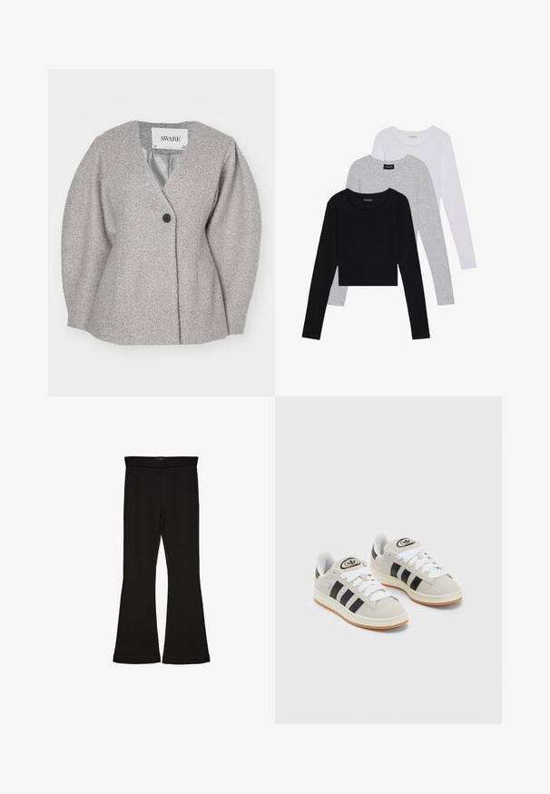 Gray textured jacket with a v-neck, single black button closure, and oversized sleeves. Interior features a smooth gray lining.; Three long-sleeve tops stacked: black, grey, and white. Each has a round neckline and a cropped design with smooth, lightweight fabric.; Black flare leggings made from stretchy fabric. Features a wide waistband and a smooth texture, with a fitted silhouette that flares at the hem.; Gray suede sneakers with white laces, black stripes, and a white rubber sole. Features a circular logo on the tongue and a gum sole.