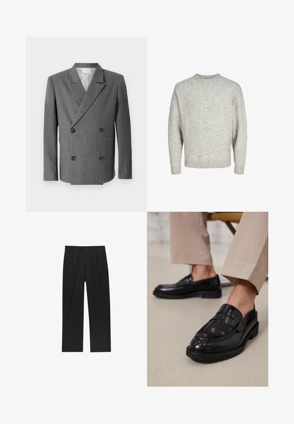 Libertine-Libertine PUBLIC - Sakko - dark grey; Hellgrauer gestrickter Pullover mit Rundhalsausschnitt, überschnittenen Schultern und gerippten Bündchen, der eine strukturierte, leicht flauschige Oberfläche aufweist.; Weißes Langarmhemd aus glattem Stoff mit durchgehender Knopfleiste. Verfügt über einen klassischen Kragen und messingfarbene Knöpfe entlang der Knopfleiste.; Schwarze Hose mit geradem Schnitt, aus einem glatten Stoff gefertigt. Verfügt über Vorderfalten und einen einzelnen Knopfverschluss an der Taille.; Schwarze Lederloafers mit glatter Oberfläche, ausgestattet mit einem dekorativen Riemen und Kontrastnähten, kombiniert mit beigen Hosen.