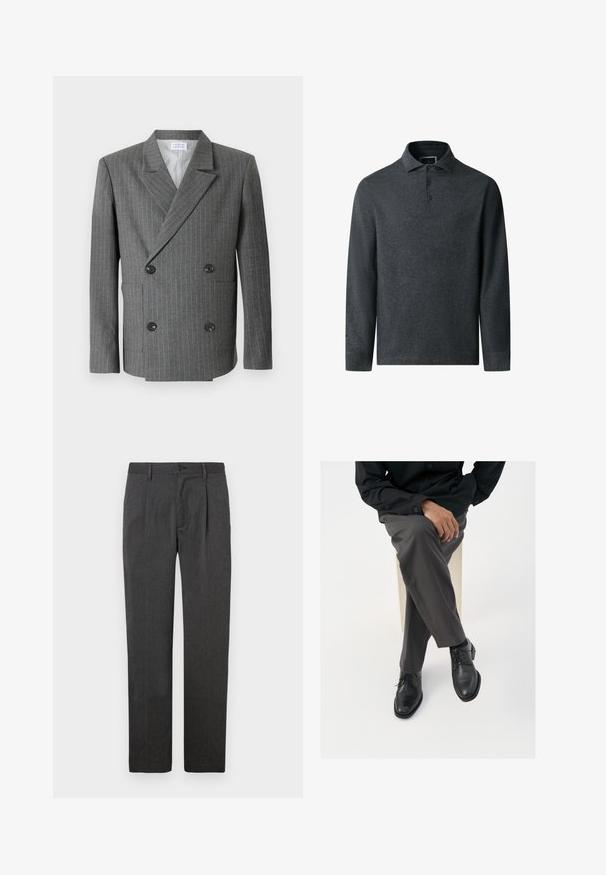 Libertine-Libertine PUBLIC - Americana - dark grey; Camisa polo de manga larga en gris oscuro con tela texturizada, cuello y tapeta de tres botones. Presenta un dobladillo recto y costuras sutiles.; Pantalones grises ajustados con un corte recto, que presentan un plisado frontal, cremallera y cierre de botón. Textura suave, diseño clásico.; Zapatos de cuero negro con cordones y acabado pulido, combinados con pantalones grises a medida, exhibidos en una posición sentada contra un fondo blanco.