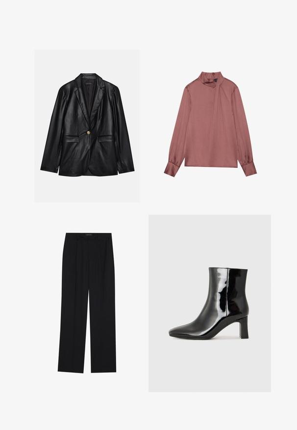 Crni kožni sako s urezanim reverom, zatvaranjem na jedan zlatni gumb, dva prednja džepa i glatkom završnom obradom. Unutrašnja podstava je tamna.; Bluza dugih rukava u boji mauve s visokim ovratnikom, detaljem drapiranja sa strane, dugmadi na manžetama i zatvaračem na leđima.; Crne hlače ravnog kroja, s dva prednja džepa i pojasom. Izrađene od glatkog, laganog materijala.; Crne lakirane kožne gležnjače s šiljastim prstom i srednje visokom blok petom. Glatka tekstura i minimalistički dizajn.