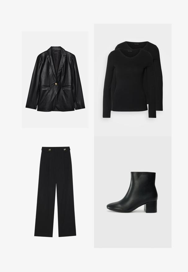 Svart läderblazer med kavajkrage, enkel guldkknapp, två framfickor och slät yta. Inre foder är mörkt.; Två svarta långärmade tröjor med V-ringning, tillverkade av mjukt, stretchy tyg, som visar en slät textur och en figursydd form.; Svarta vida byxor med hög midja, knäppdetaljer i midjan och framfickor.; Svarta läderankelstövlar med spetsig tå och kraftig klack. Slät textur med minimala accenter och en stilren, åtsittande design.