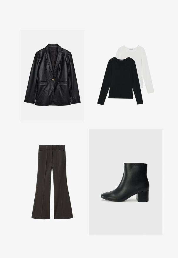 Czarna skórzana marynarka z klapami, pojedynczym zapięciem na złoty guzik, dwoma kieszeniami z przodu i gładkim wykończeniem. Podszewka jest ciemna.; Dwie bluzki z długim rękawem, jedna czarna i jedna biała, obie z kwadratowym dekoltem i wykonane z miękkiego, elastycznego materiału.; Czarne spodnie z szerokimi nogawkami i wysokim stanem; posiadają dwie przednie kieszenie oraz gładką teksturę materiału. Idealne na różne okazje.; Czarne skórzane botki za kostkę z ostrym noskiem i masywnym obcasem. Gładka tekstura z minimalnymi akcentami i elegancki, dopasowany fason.